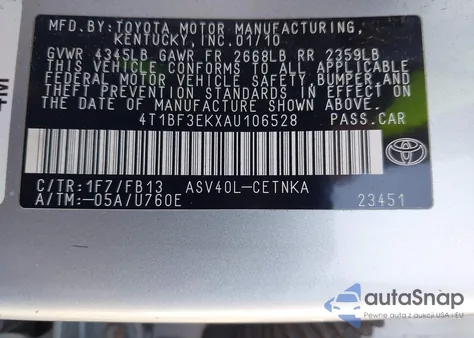 2010 Toyota Camry Le from USA, damaged, VIN 4T1BF3EKXAU106528